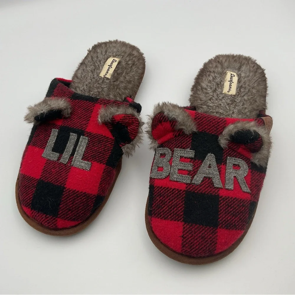 Dear Foams Slippers Youth 4-5 Womens 5.5 Buffalo Check Lil Bear Mule Flats Red